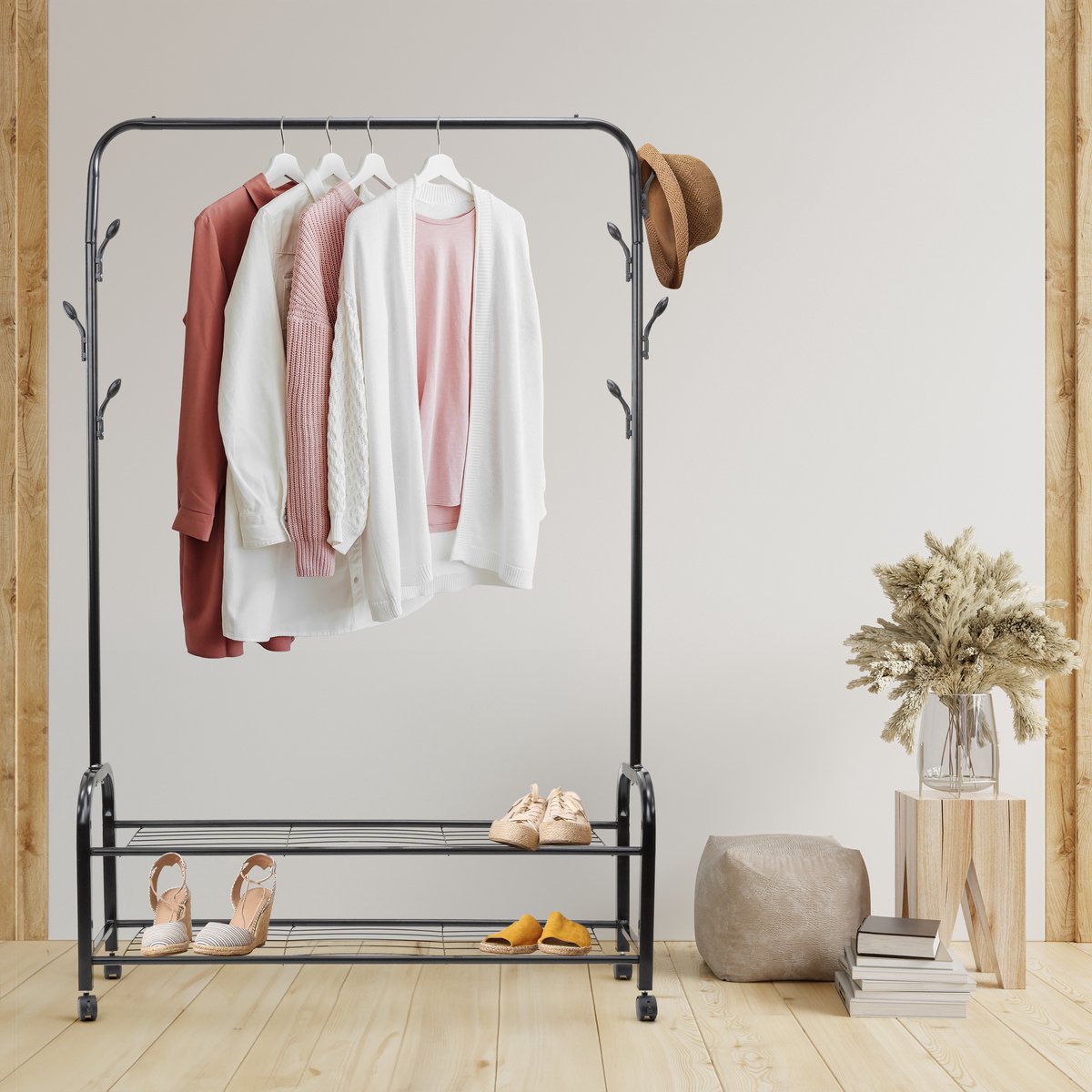 Relaxdays kledingrek op wielen met schoenenrek, kledingstang, haken