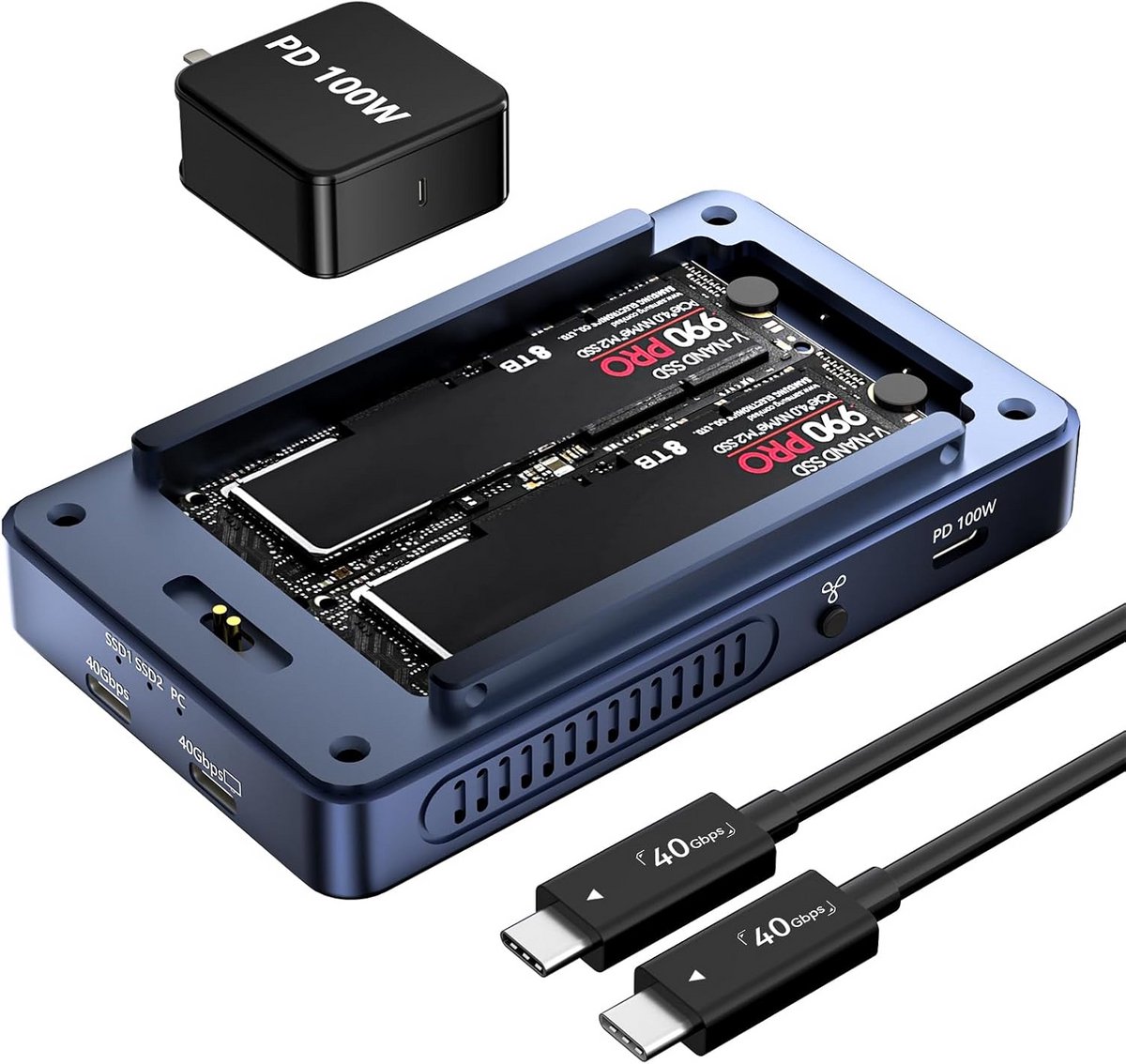 NVMe SSD Behuizing - Thunderbolt Dock - Snelle Data Transfer - Dubbele Monitor Ondersteuning - 40Gbps - Grijs
