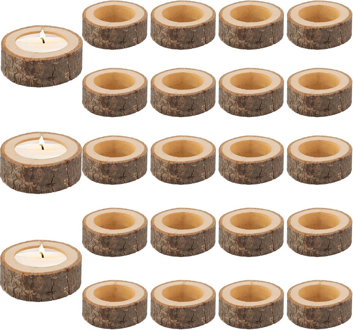 Houten Theelichthouders - Kaarsen Houders - Sfeervol Decoreren - Natuurlijk Hout Design - 24 Stuks - Houtkleur