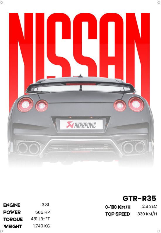 De achterkant van een grijze Nissan GT-R R35 met rode NISSAN letters, met specificaties onderaan.