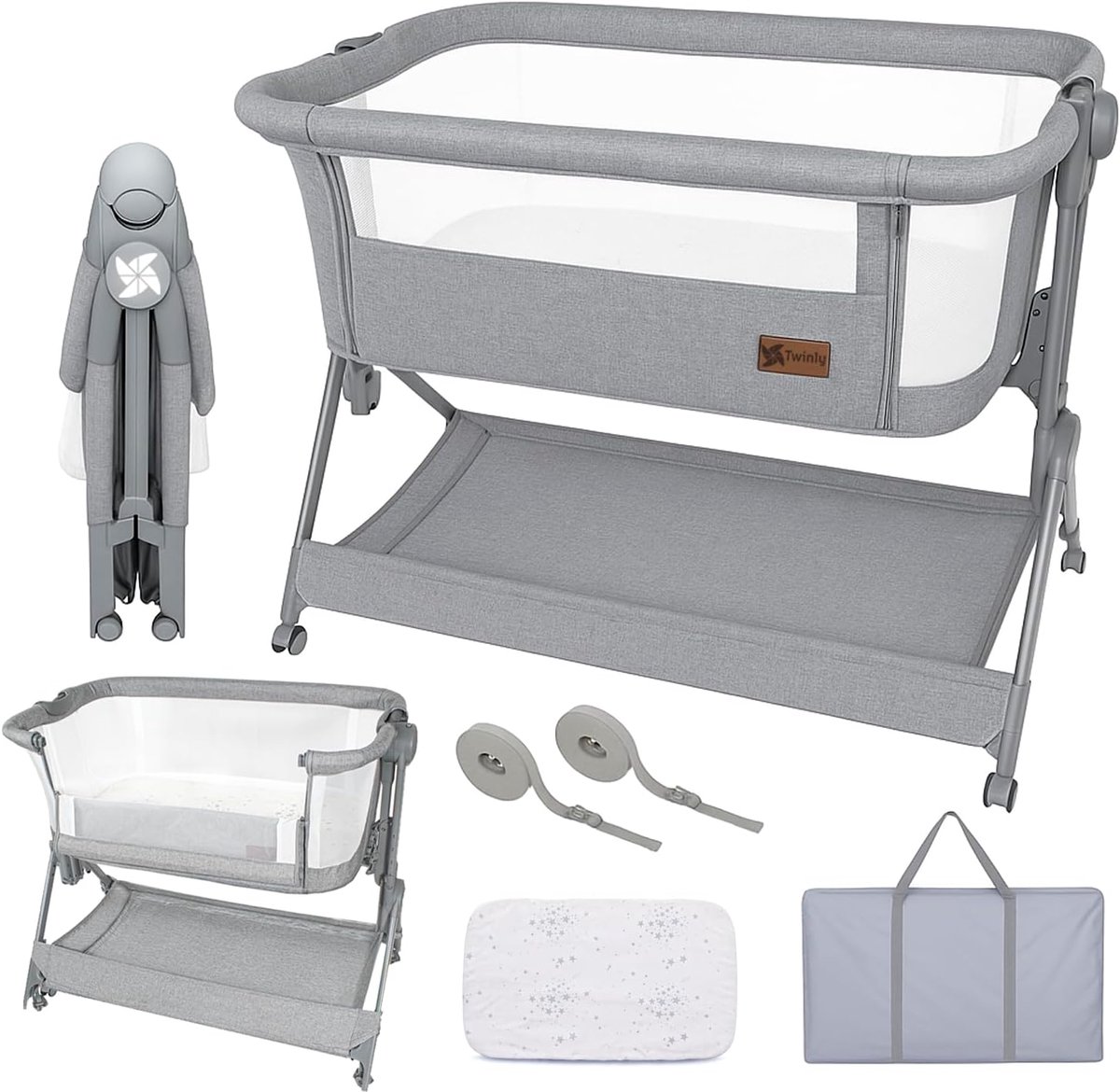 Babybed met Wielen - Reiswieg - Veilig Slapen - 5 Hoogteposities - 96 x 60 x 81 cm - Grijs
