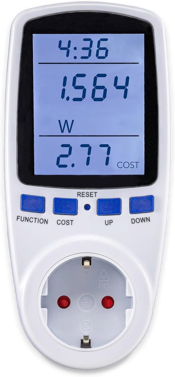 Energiekostenmeter Stopcontact - Stroomverbruik meter - Energieverbruik Meten - Groot Display - 3680 Watt - Wit