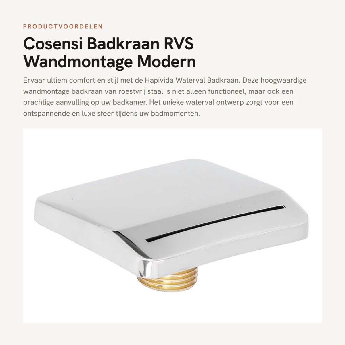 Dailygoods- Badkuipkraan Waterfall - Wandmontage - Roestvrij Staal - G1/2 Draad - 7.5x6.5cm - 91g - Badkamer Accessoire - Badkamerkraan