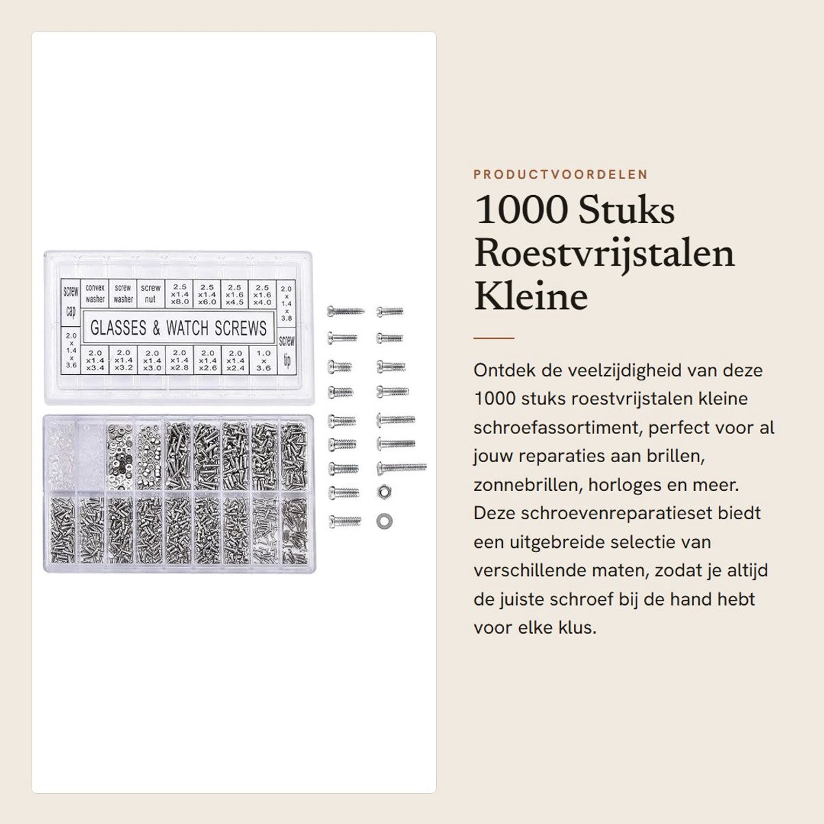 Dailygoods- Schroevenreparatieset 1000 Stuks - Schroevenset - Roestvrij Staal - Voor Brillen/Horloges - Diverse Maten - Inclusief Moeren/Afdichtingen - Schroeven