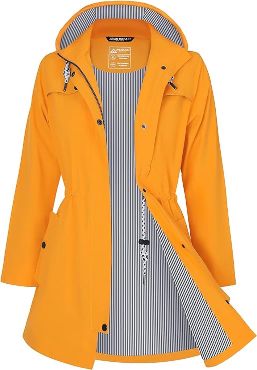 Daity Regenjas dames lang waterdicht en ademend met capuchon voor buiten Geel