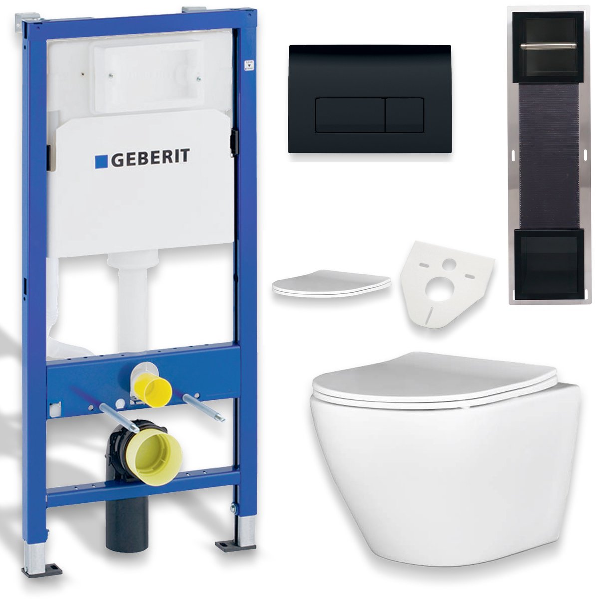 Badland Rolo toiletset - wandtoilet met inbouwreservoir, wandbox en bedieningsplaat zwart - wit