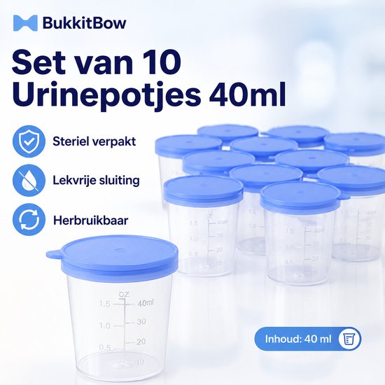 BukkitBow - Set van 10 Urinepotjes Steriel 40ml - Transparante Plas Containers - Anti Lek Herbruikbare Medische Bakjes van BukkitBow — afbeelding 5