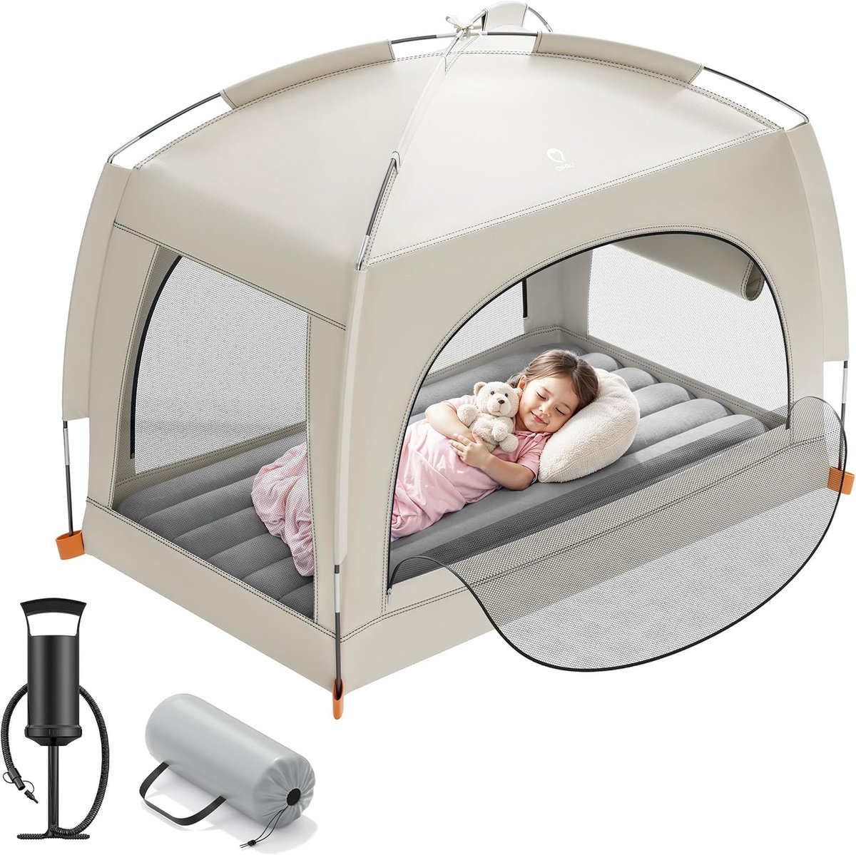 Opblaasbaar Reisbed - Kinderluchtbed Tent - Reizen en Kamperen - Inclusief Handpomp - 134 x 83 cm - Khaki Grijs