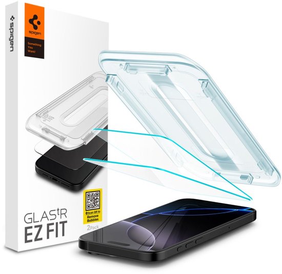 Spigen Glas.tR EZ Fit screenprotector 2-pack voor iPhone. Transparant glas en montagetray.