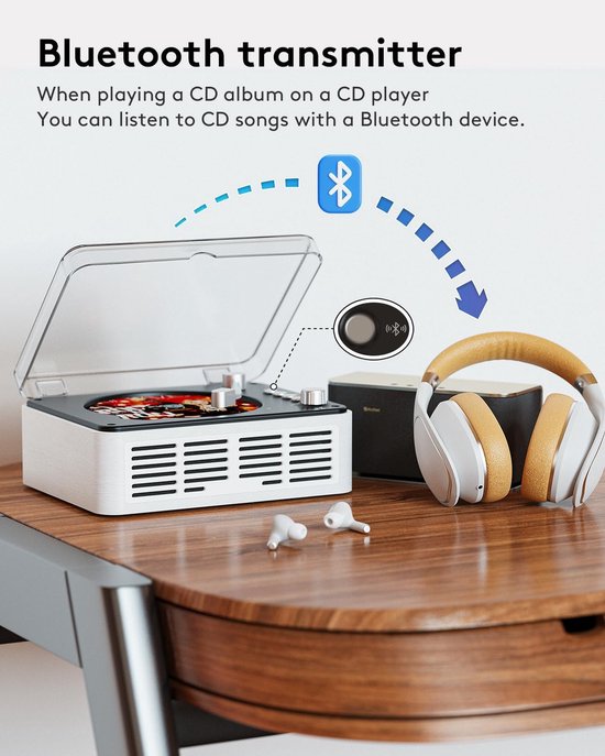 CD-speler met Bluetooth-zender, nostalgische retro houten muziekspeler, ingebouwde luidsprekers met basversterking, FM-radio voor thuisgebruik (bedraad en met afstandsbediening) - wit — afbeelding 4