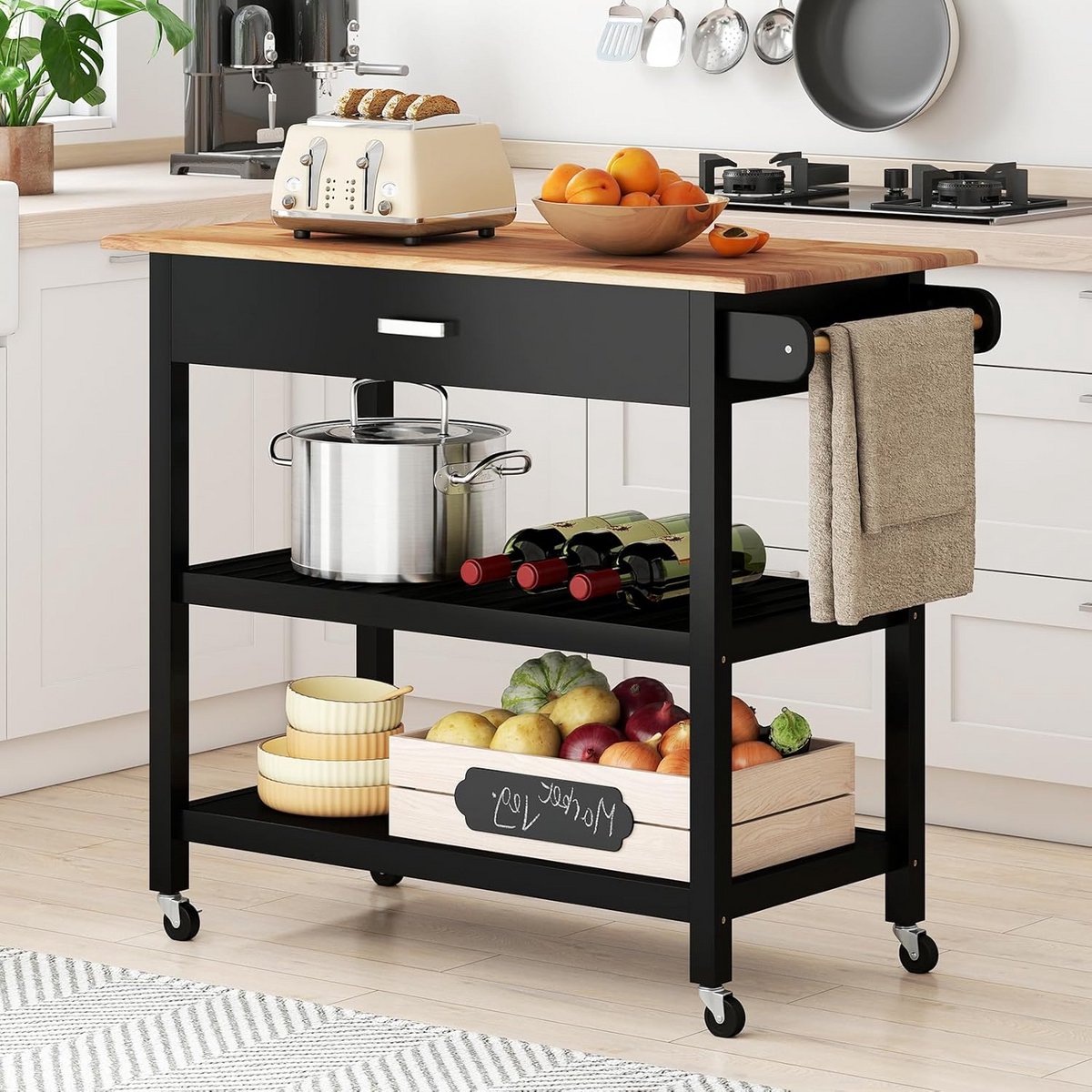 Keukenwagen - Serveertrolley - Keuken Organiseren - Werkblad met handdoekhouder - 106 x 50 x 89 cm - Zwart