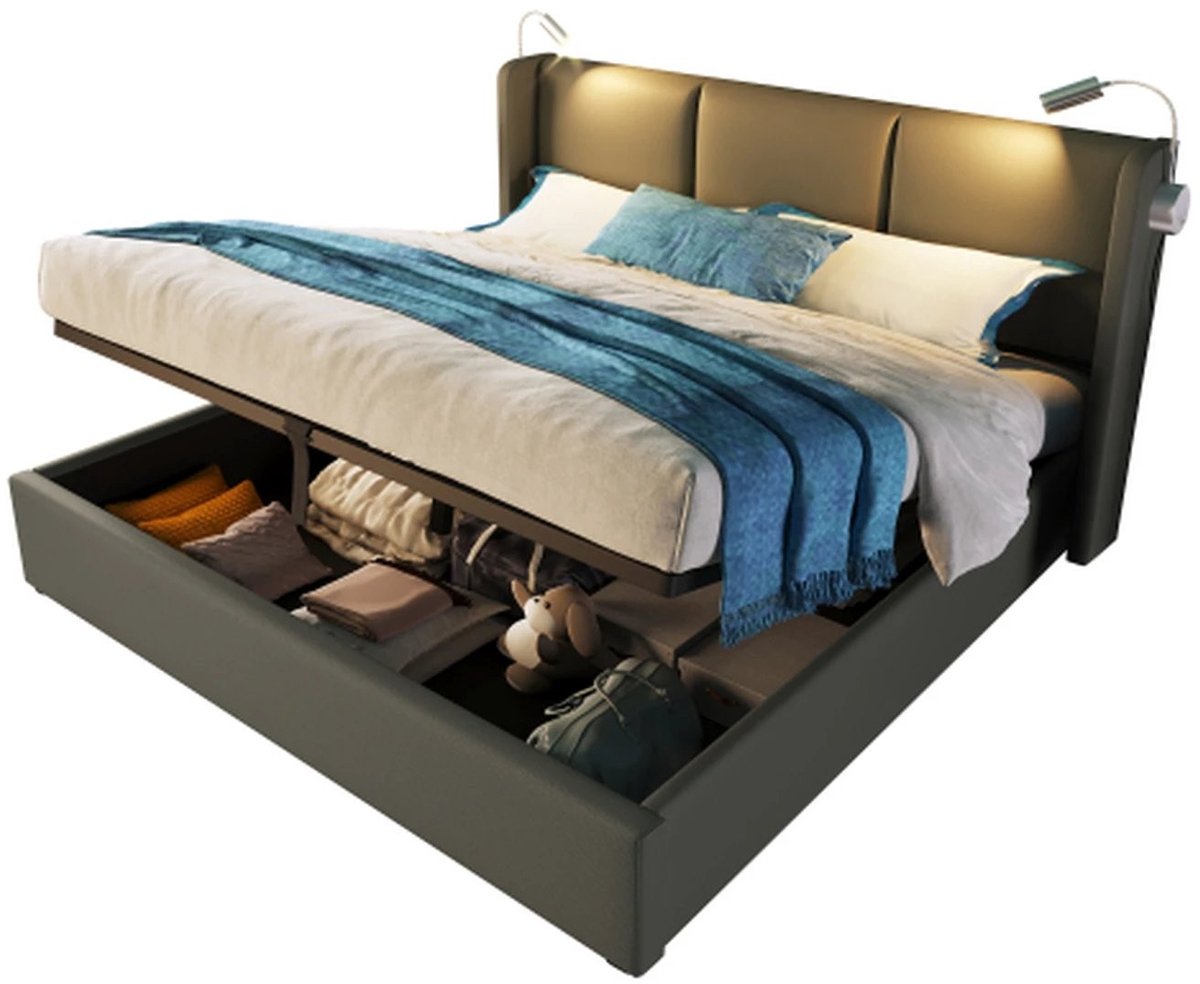 Tweepersoonsbed 160X200cm met opbergruimte en leeslamp met USB-oplaadfunctie – Grijs PU-le