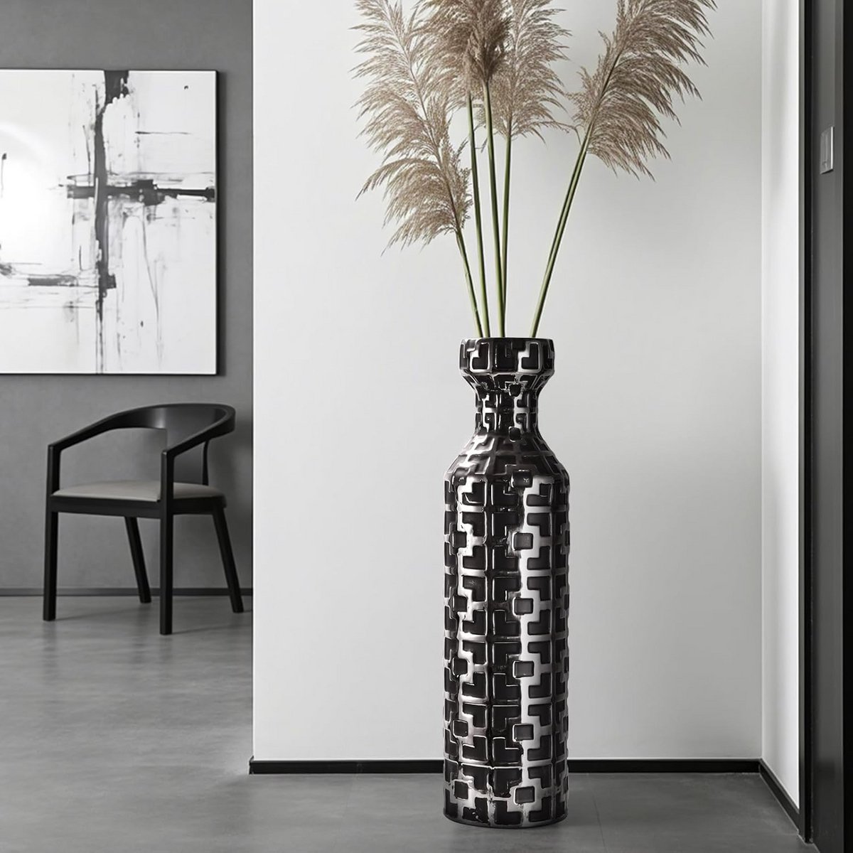 Grote Vloer Vaas - Moderne Vaas - Decoratief Gebruik - Zilveren Patroon - 62 cm - Mat Zwart