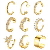 Goudkleurige ear cuff dames oorbellen set zonder gaatjes met strass details open ring design sterren motief minimalistisch statement oor sieraad ear cuff collectie