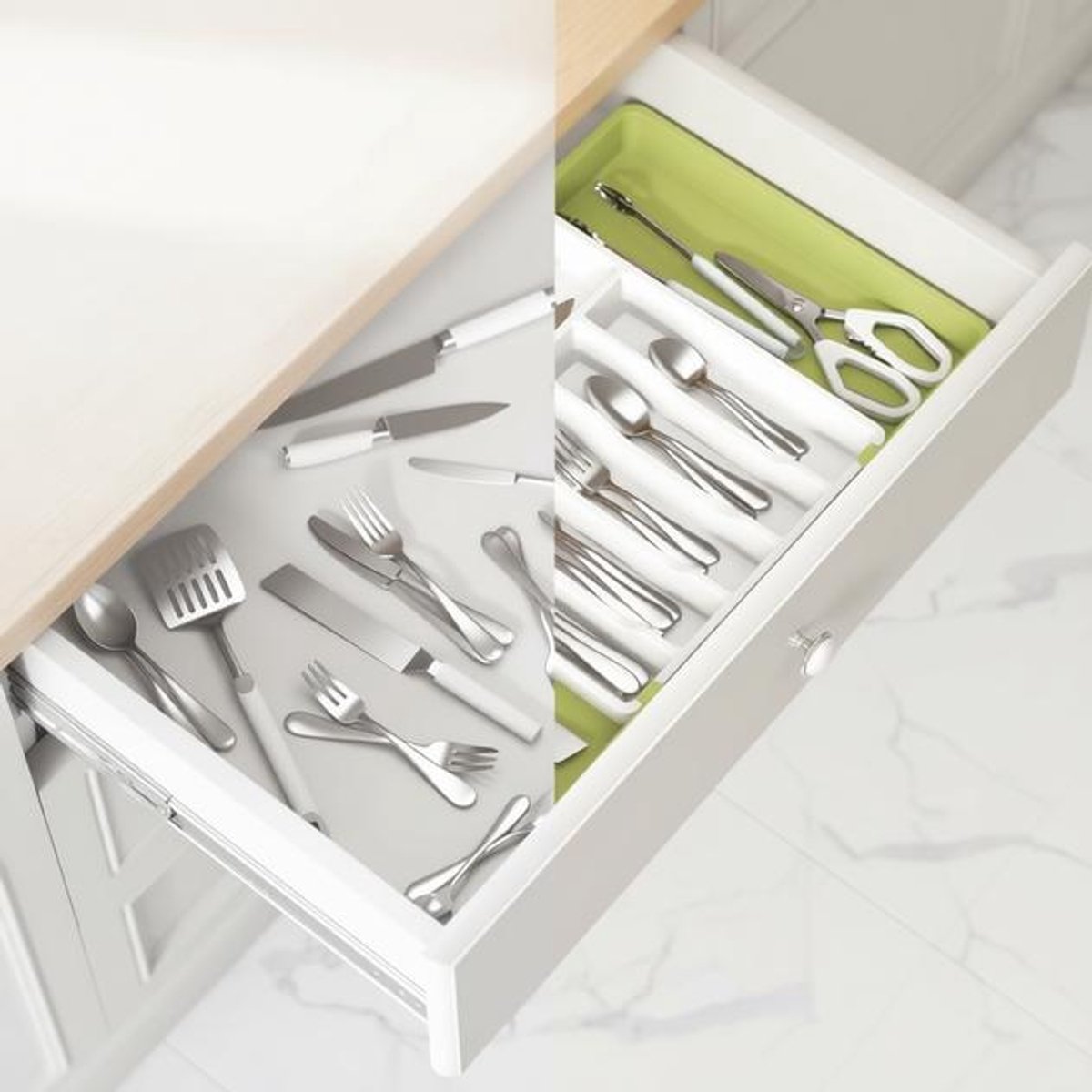 ElleMooi Bestekbak voor Lade, Uitschuifbare Besteklade Organizer, 8 Vakken, BPA-vrij, Instelbaar 33-57cm, Groen en Wit