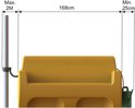 Gele regenwatertank van 168cm lang, met aansluitingen en afmetingen (min 25cm, max 2M).