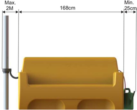 Gele regenwatertank van 168cm lang, met aansluitingen en afmetingen (min 25cm, max 2M).
