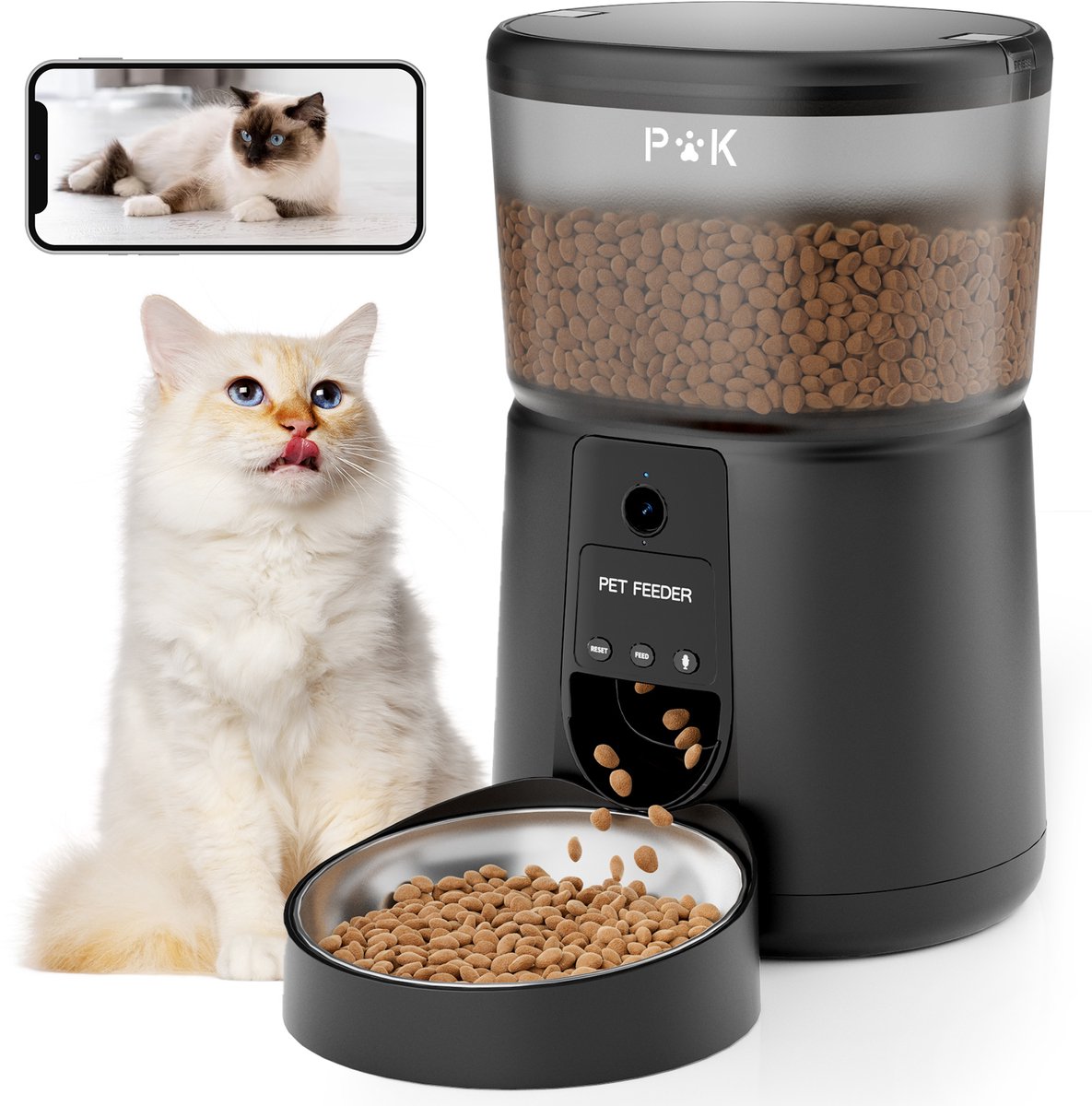 PUPPY KITTY Automatische Voerbak - Kat en Hond - Voerautomaat met Full HD 1080P Camera - Voice Recorder - 4L - Wifi met App - Night Vision - Voerdispenser - Inclusief 1 RVS Voerbakken - Zwart