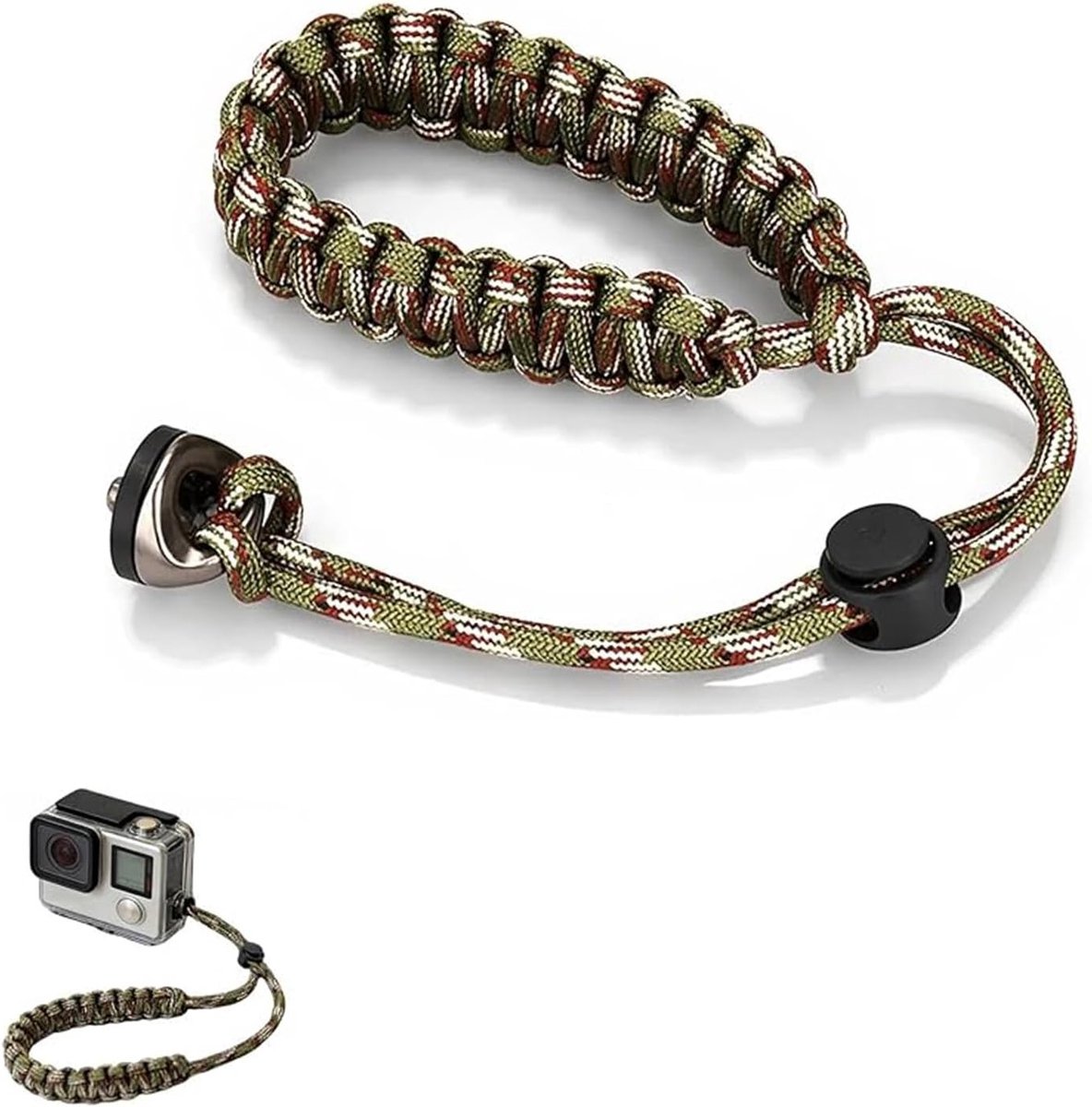 Verstelbare Camouflage Camera Polsband met Ring Schroef D 1/4 inch voor Actiecamera's, 360 Graden Camera's en Selfie Sticks, Ideaal voor Buitenopnames en Avontuurlijke Foto's