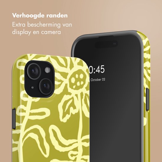Verhoogde randen op lichtgroene hoes met geel bloemenpatroon voor extra bescherming.