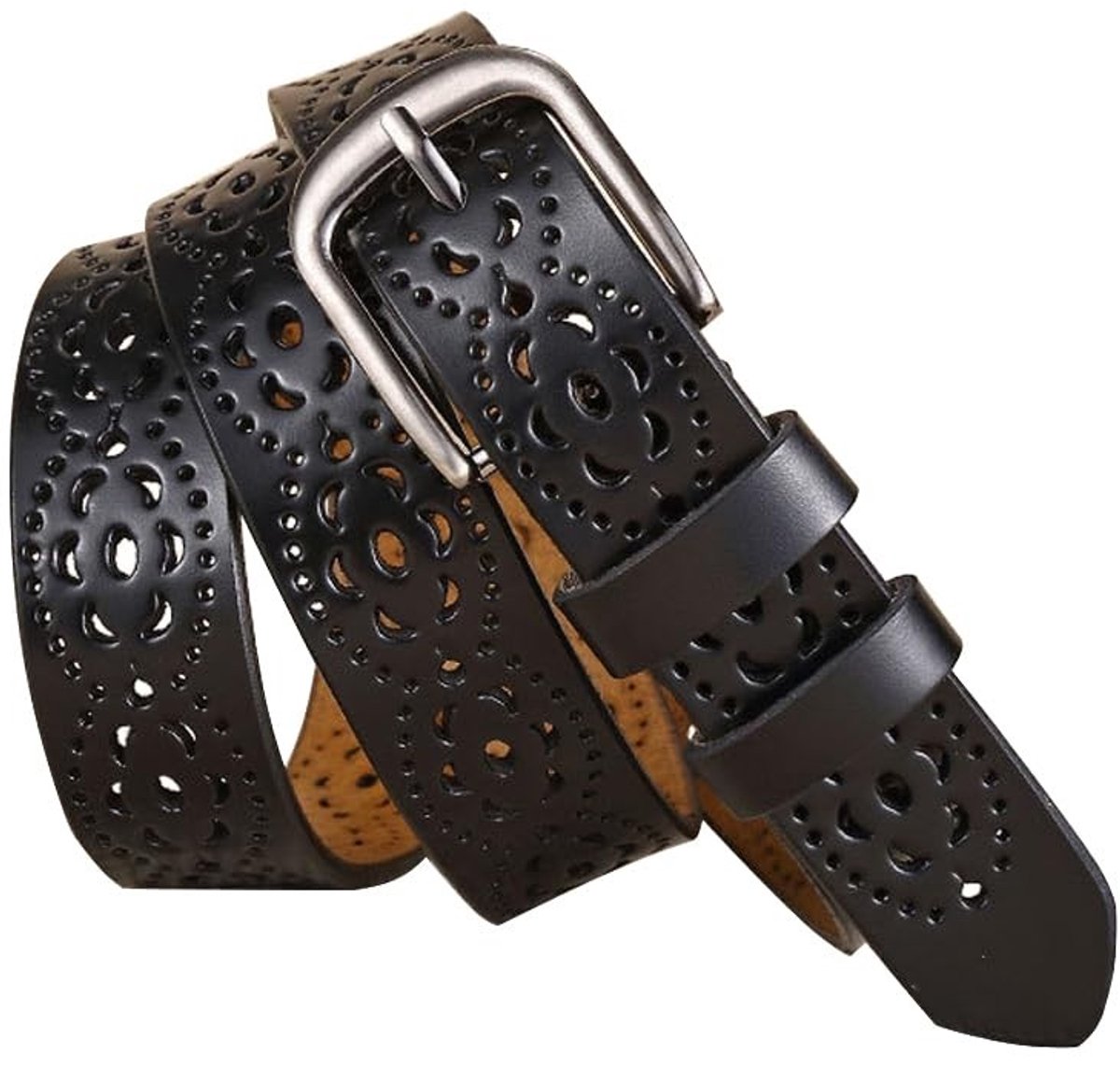 Dailygoods- Leren Riem - Holle Bloemendesign - Damesriem - Zwart - 115 cm - Geschikt voor Jeans en Jurk