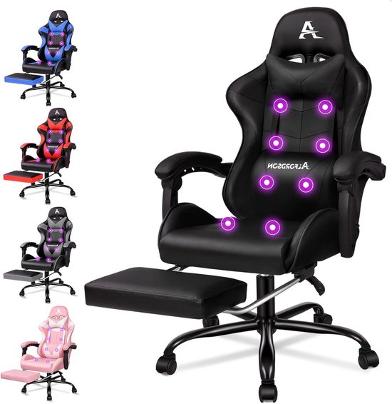 ALFORDSON Gaming massage stoel, racestoel met hoofdsteun, ergonomische bureaustoel, relaxfauteuil, opvouwbare voetensteun, ademend PU-leer, in hoogte verstelbaar, draagvermogen 180 kg, zwart — afbeelding 2