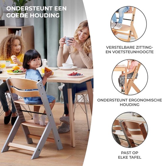 Houten Kinderstoel - Stoel voor kinderen - Samen eten - Groei mee met kind - Verstelbaar - Grijs van Houten — afbeelding 2