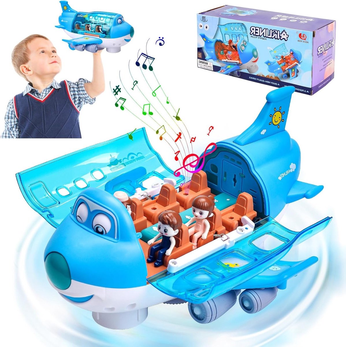 360 Graden Rotating Vliegtuig Speelgoed met Licht en Geluid - Perfect Cadeau voor Jongens en Meisjes (Blauw)