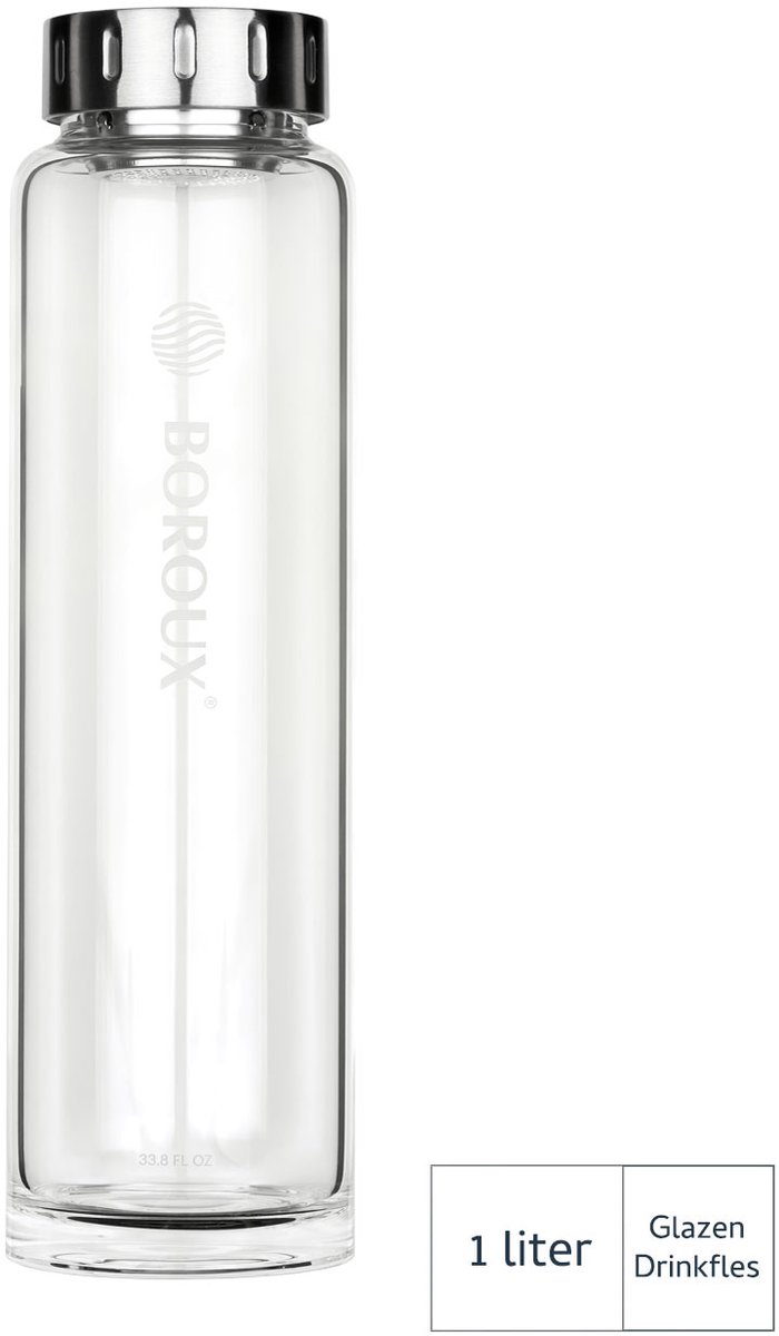 BOROUX glazen drinkfles 1 liter - BPA/BPS-vrij borosilicaatglas - vaatwasmachinebestendig