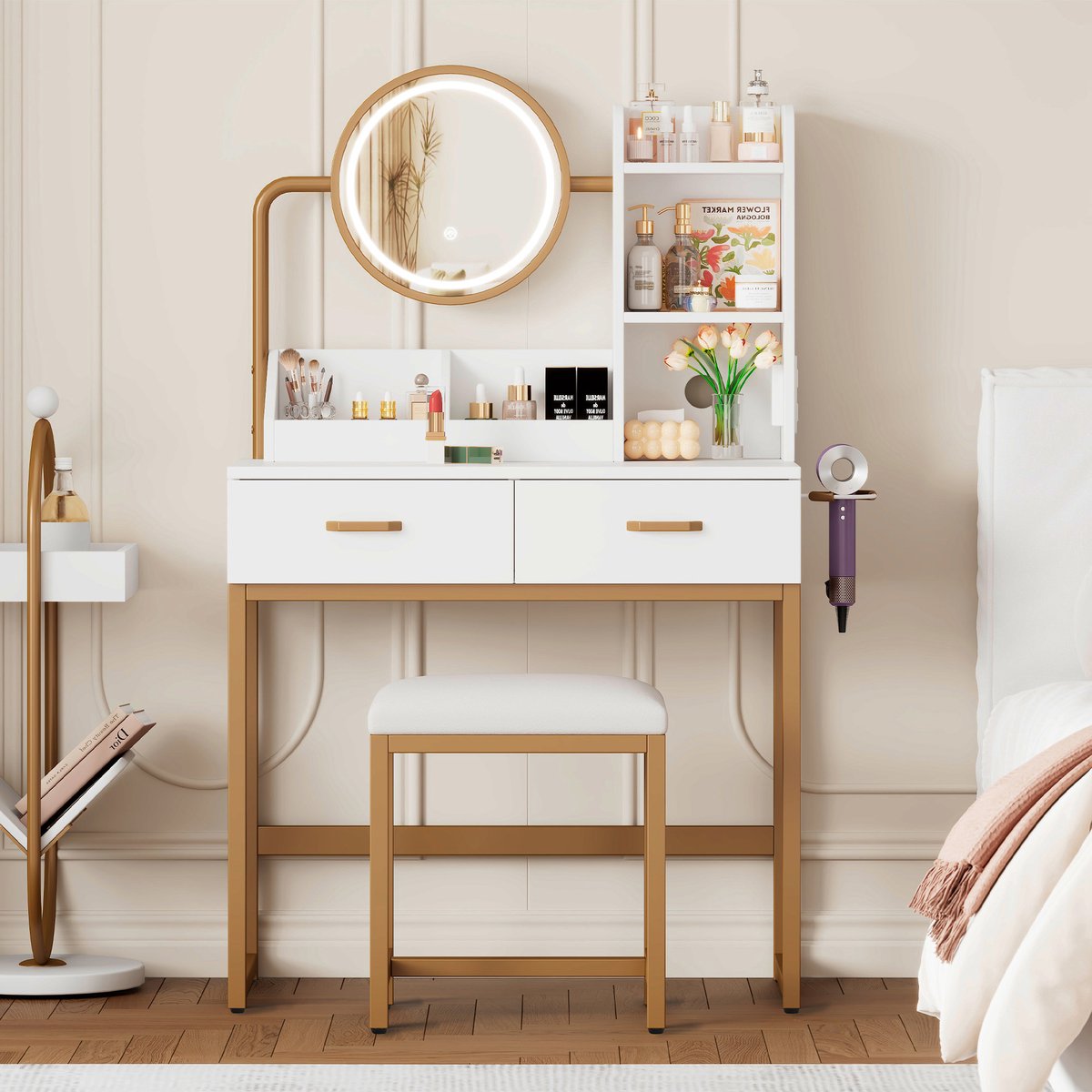 REDOM Kaptafel - Met Ledverlichting en Draaibare Spiegel - Modern - Slaapkamer - Spaanplaat - Wit en Goud - 80 × 40 × 138,5 cm Wit+Goud