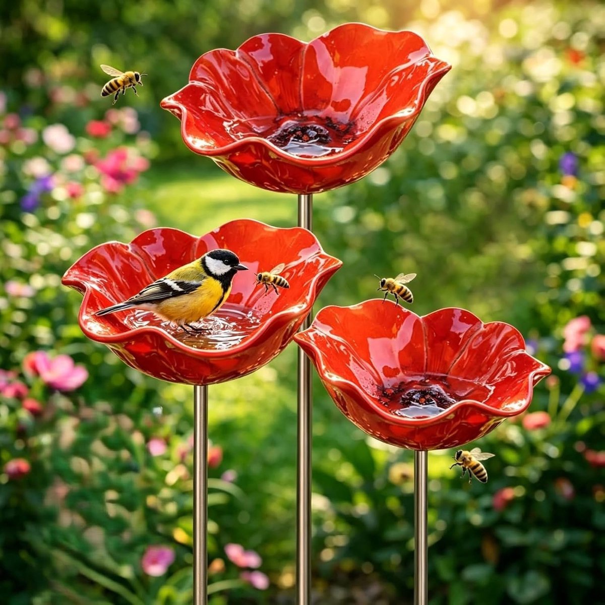 Tuinvogelbadje met metalen staander - Handgemaakt vogelbad - 3-delig montageset - voor tuin en buiten