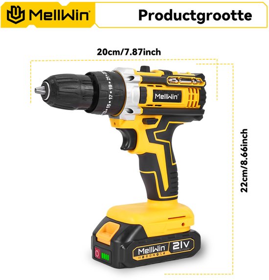 Afmetingen van MellWin accuboormachine: 20 cm lengte en 22 cm hoogte.