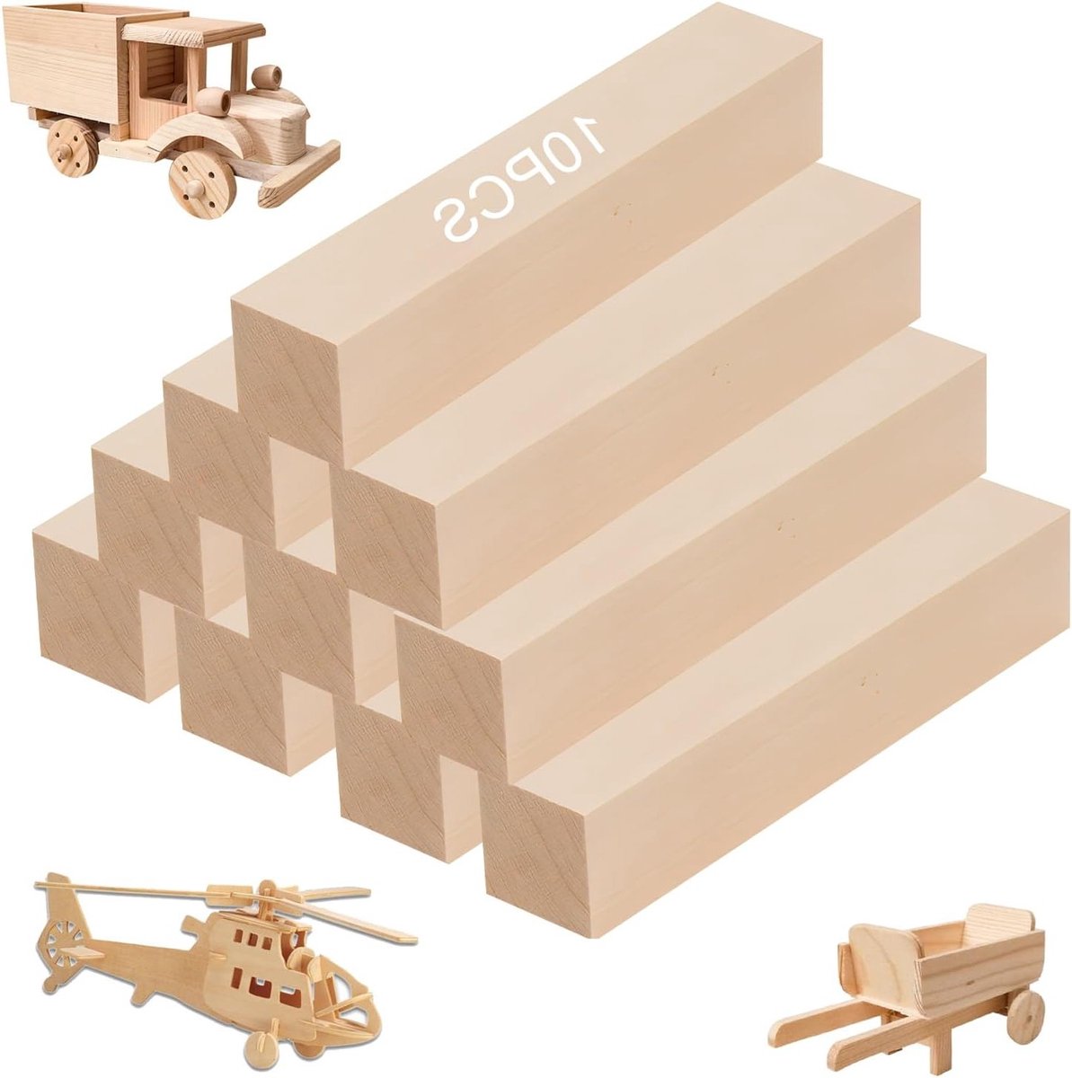 Set van 10 Houtsnijblokken van Lindehout voor Kinderen - Ideaal voor Houtsnijden, Creatieve Projecten en Educatieve Activiteiten - 2.5 x 2.5 x 10 cm