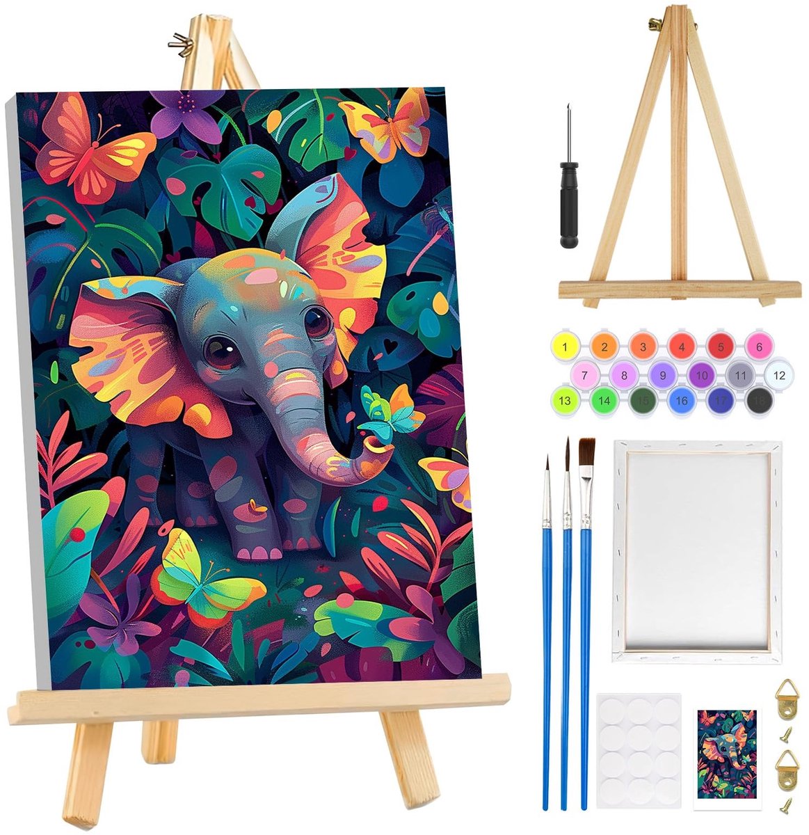 Dailygoods- Schilderen op Nummer - Olifant met Lijst - Vlinder voor Volwassenen - DIY Kunst Kits - Creatieve Vrije Tijd - 20 x 30 cm - Nummer Schilderij