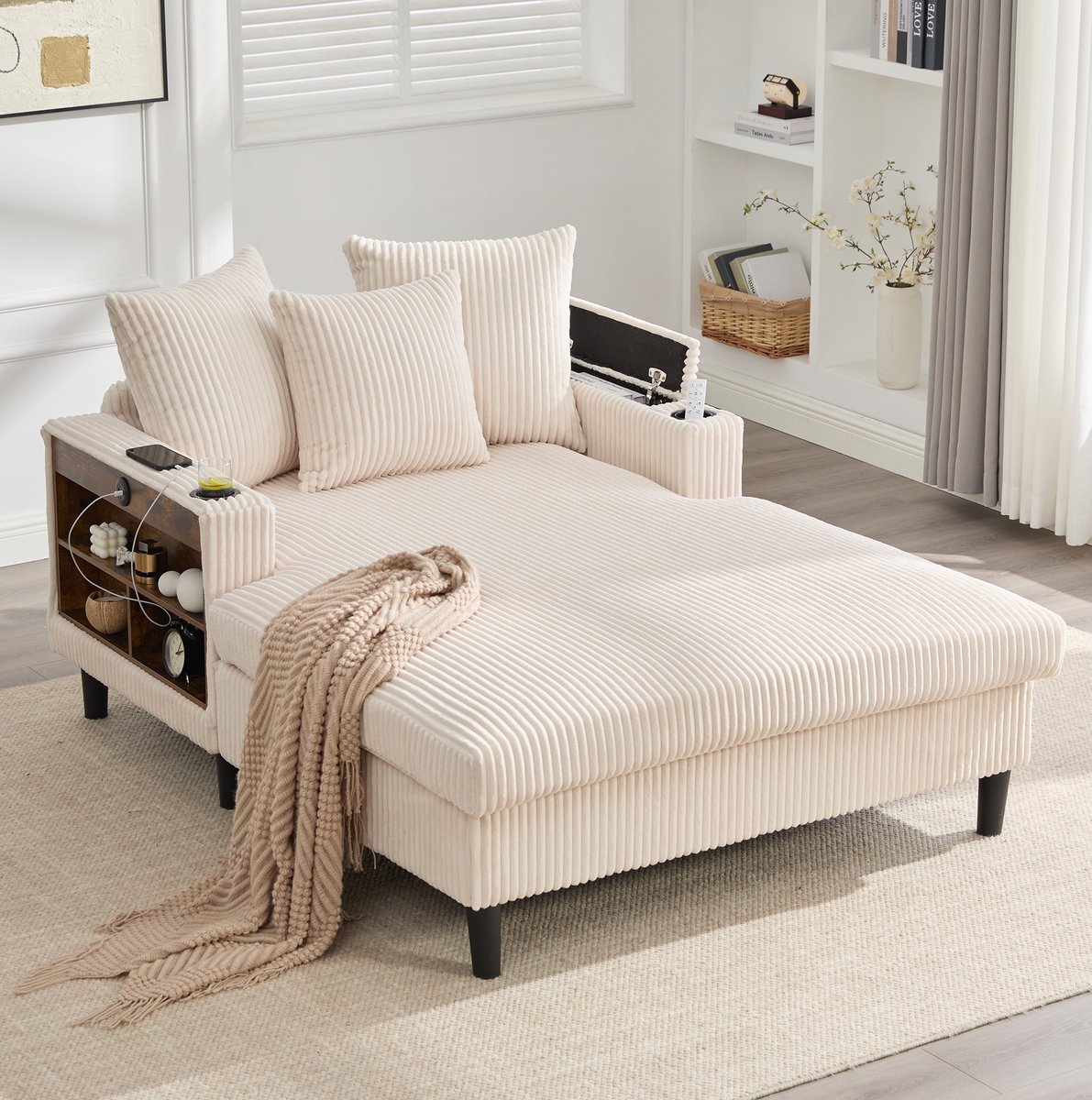 MIVRAY Chaise Longue 129x170x70 Cm - Met Led, Usb, Opbergruimte En Bekerhouders - Voor Woonkamer Of Balkon - Cord Beige