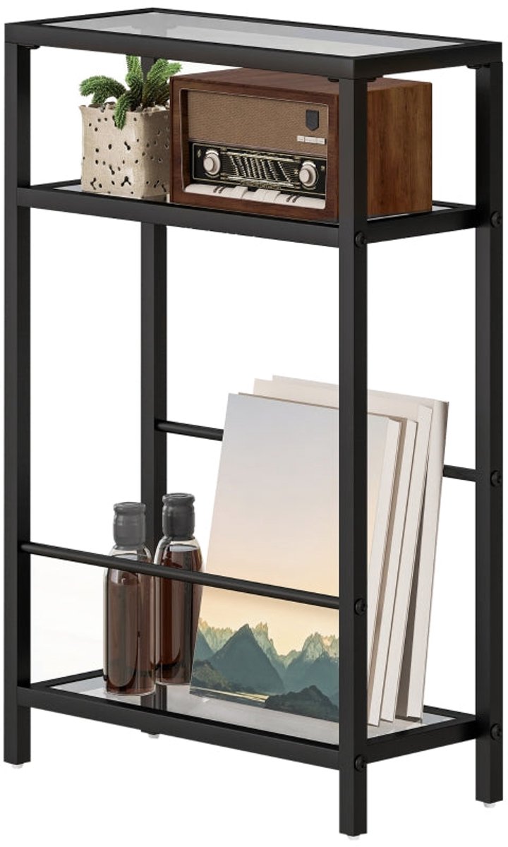 Merax Smalle Bijzettafel - 40 x 18 x 62 cm - Zwart - Gehard Glas - 3 Etages - Stalen Frame - Nachtkastje en Sofatafel