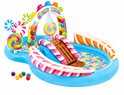 Opblaasbaar zwembad 'Candy Zone' met kleurrijke glijbanen, lolly's en snoepdecoraties. Incl. 6 gekleurde balletjes.