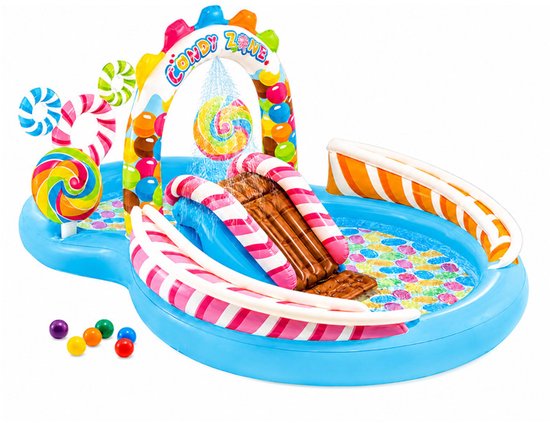 Opblaasbaar zwembad 'Candy Zone' met kleurrijke glijbanen, lolly's en snoepdecoraties. Incl. 6 gekleurde balletjes.