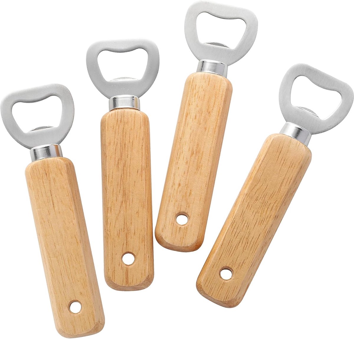 Houten flesopeners, 4-delige set handzame bierflesopeners, geschikt voor dranken, cider, bars en huishoudelijke apparaten.