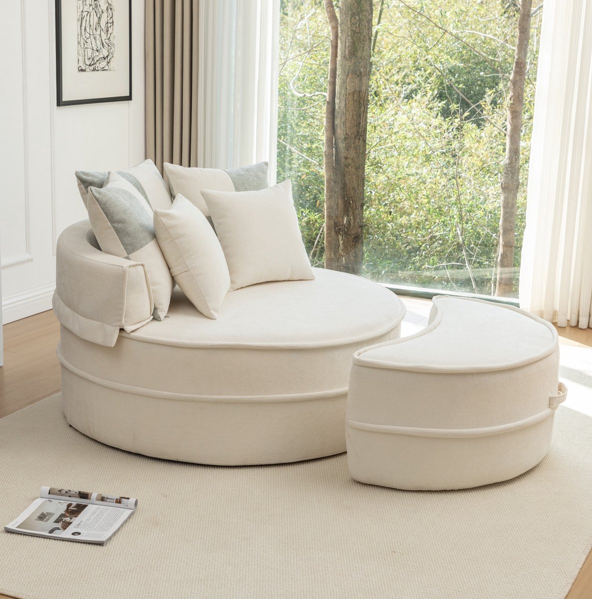 FloraGrace Loungestoel 121 Cm - Rond Design Met Hocker En 5 Kussens - Voor Woonkamer Of Sl