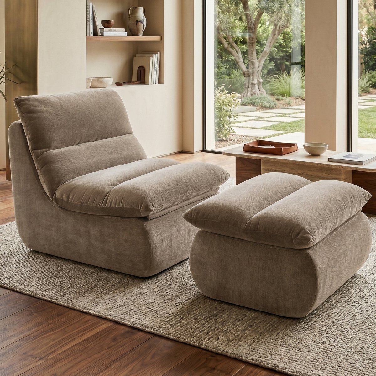 Fauteuil Marley met Hocker Chenille Taupe