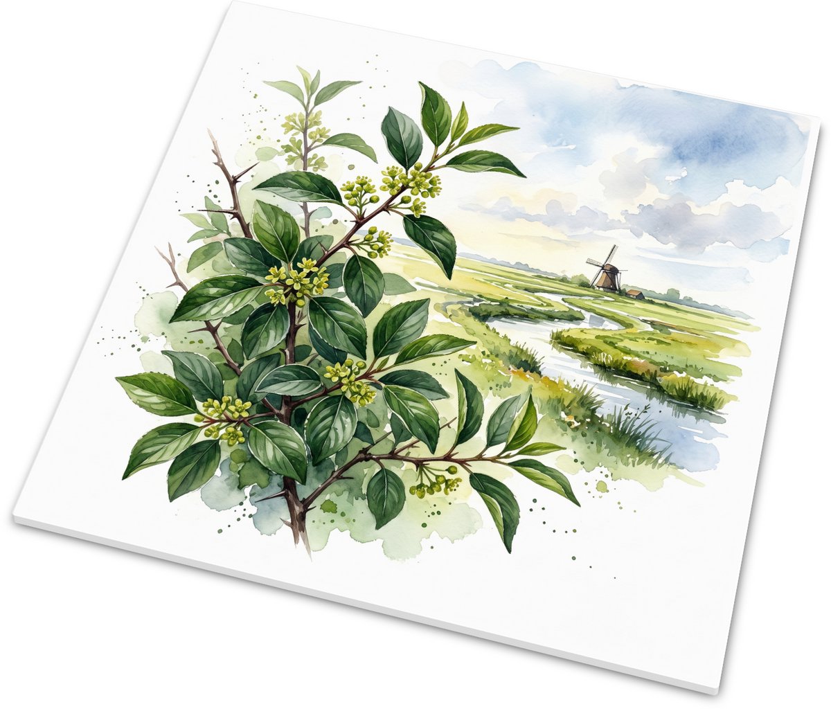 Wandtegeltje Wegedoorn in Dynamisch Polderlandschap - Glanzend Tegeltje met Aquarel van Ho
