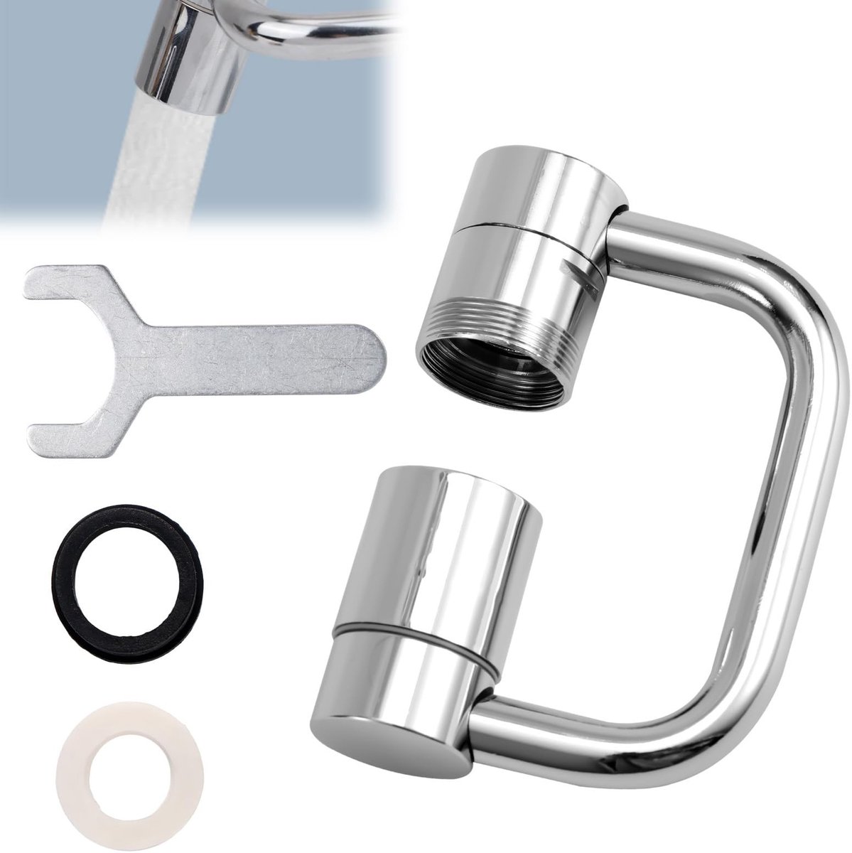 LAUZY- Kraanverlenging Roterend 1080° - Verstelbare Flexiflow - Ringen - Sleutel - Roestvrij Staal - Praktisch Hulpmiddel - Kraanaccessoire