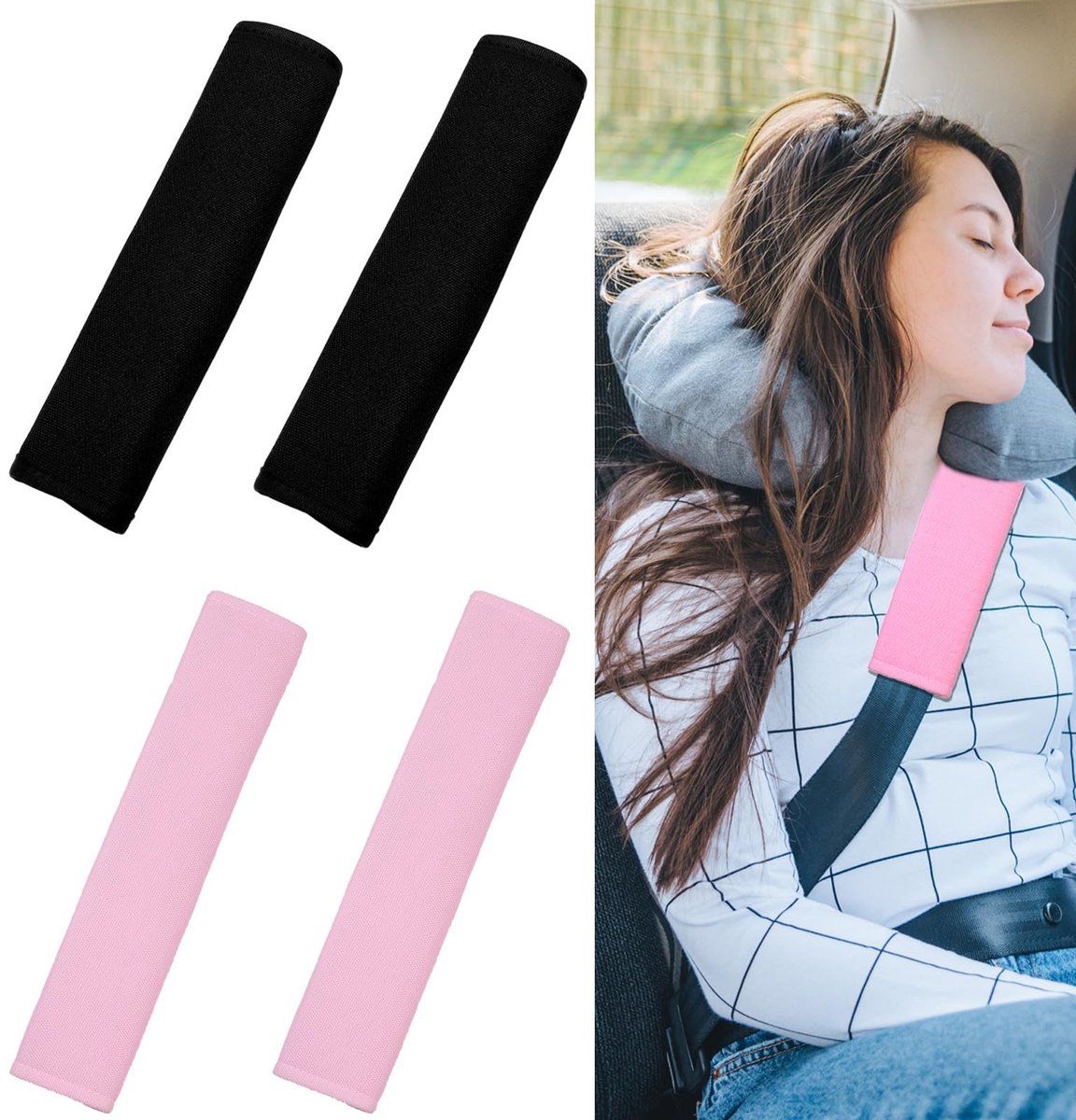LAUZY- Gordelkussen 4 Stuks - Ademend Gordelbescherming - Klittenbandbevestiging - Zacht en Comfortabel - Geschikt voor Auto/Vrachtwagen - Zwart/Roze - Gordelbeschermer
