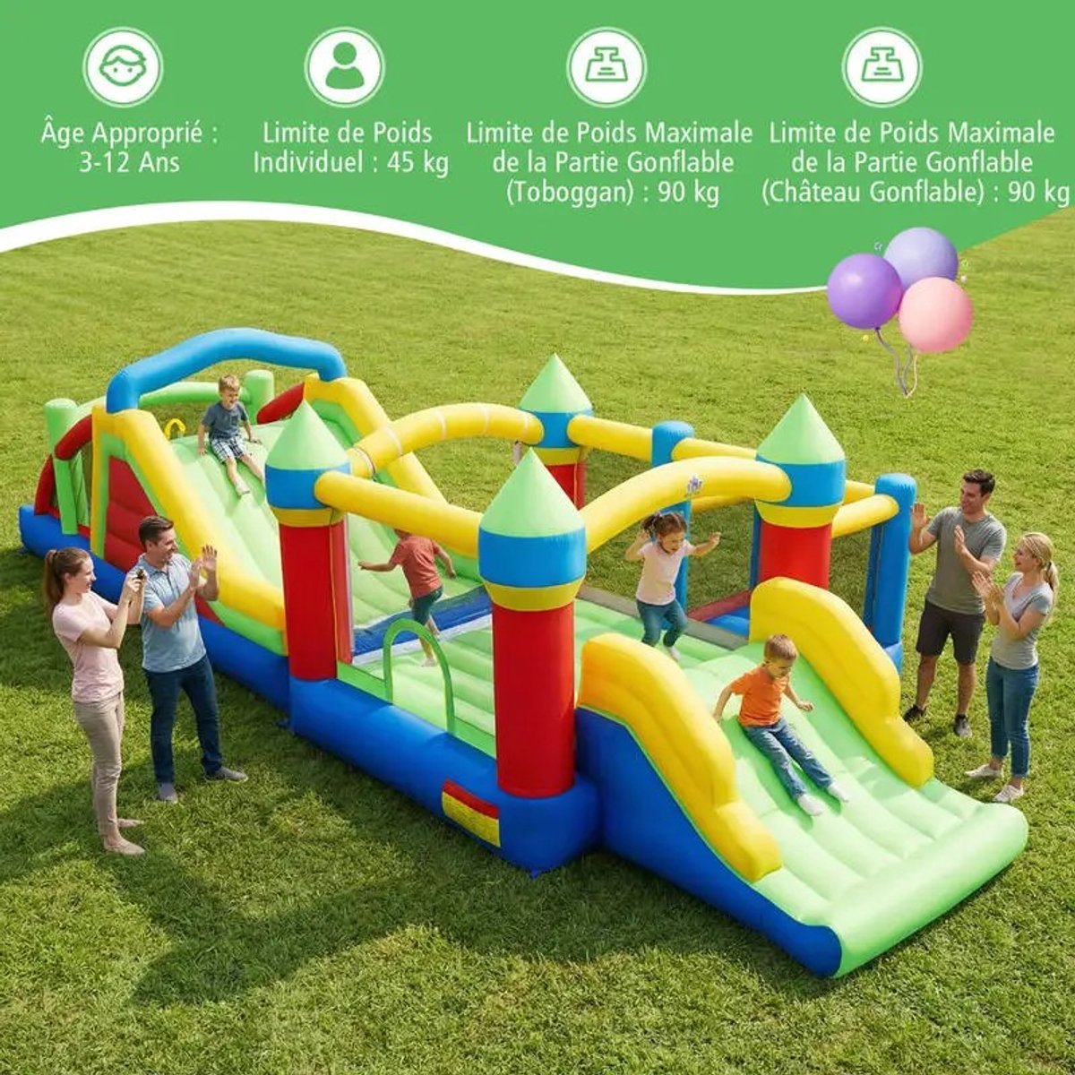 LAUZY - Dailygoods Opblaaskasteel met gigantische glijbaan en springkasteel. Opblaasbare structuur met tunnels en obstakelpalen.