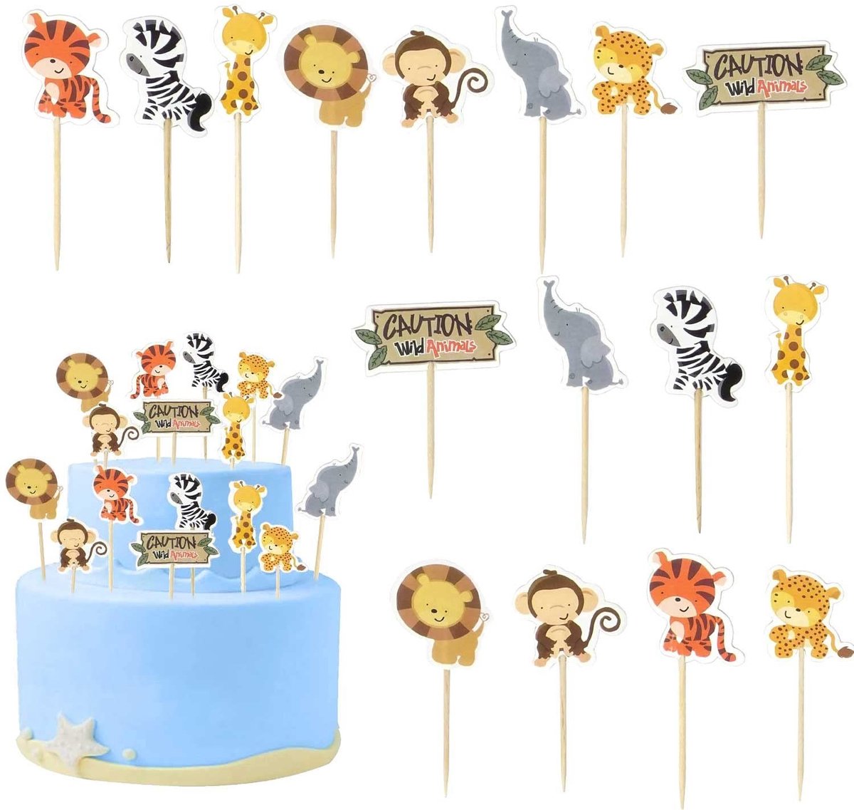 LIVIA HOME- Taartdecoratie Jungle - Taarttopper Dieren - Set van 24 - Milieuvriendelijk - Herbruikbaar - Perfect voor Kinderfeestjes - Taarttoppers