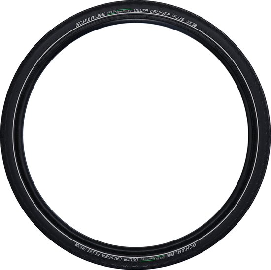 Zwarte Schwalbe Delta Cruiser Plus band met groene tekst 'GREEN COMPOUND' en reflecterende witte rand.