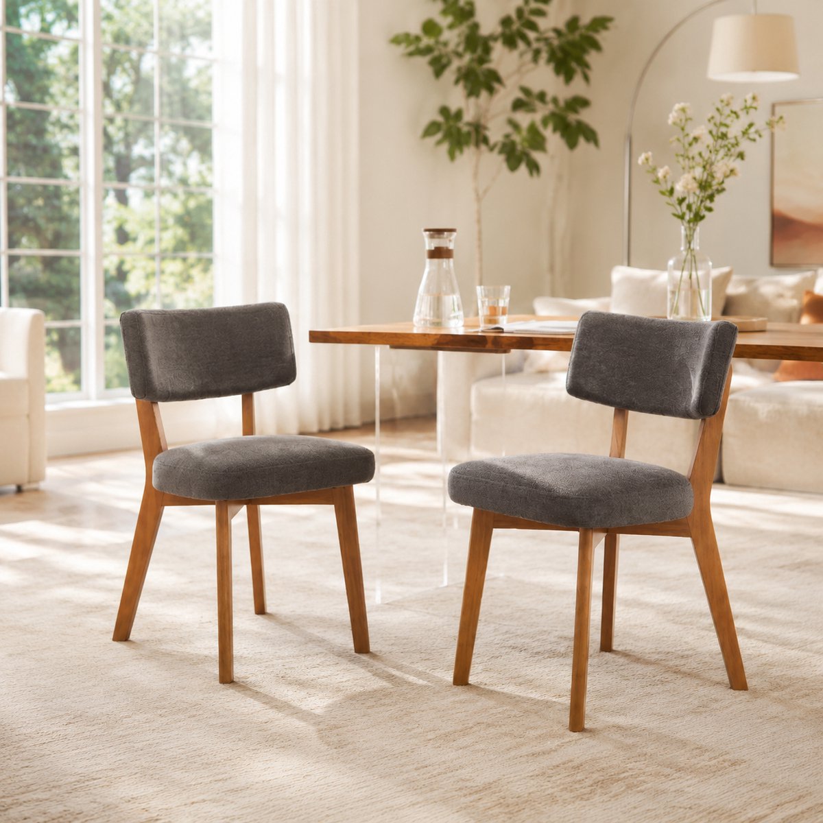 Welltin Eetkamerstoelen Set Van 2 - Eetkamerstoel - Eetkamerstoelen - Gewatteerde zitting - Stoelpoten van massief hout - Stoelen met stoffen bekleding - Moderne middeleeuwse stijl - Grijs