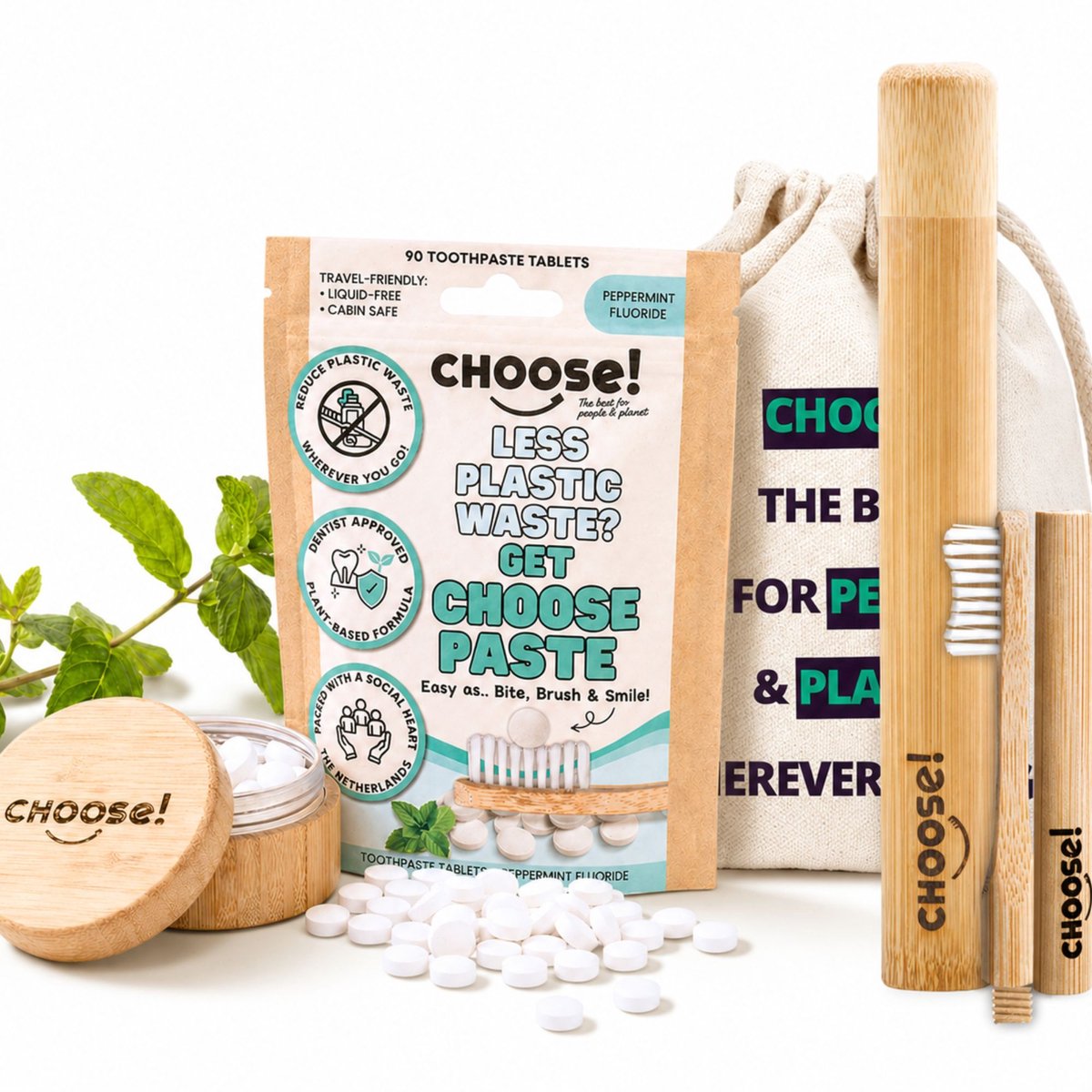 CHOOSE Travel Gift Box - Tandpasta Tabletten 6 Weken Voorraad - Bamboe Pot - Bamboe Tandenborstel - Tandenborstel koker