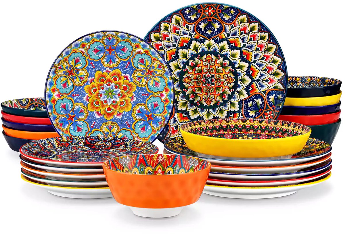 Serviesset - Bohemian Stijl - 6 Persoons Servies - Porselein - Dinerborden - Dessertborden - Ontbijtkommen - Soepkommen - 24-delige Set